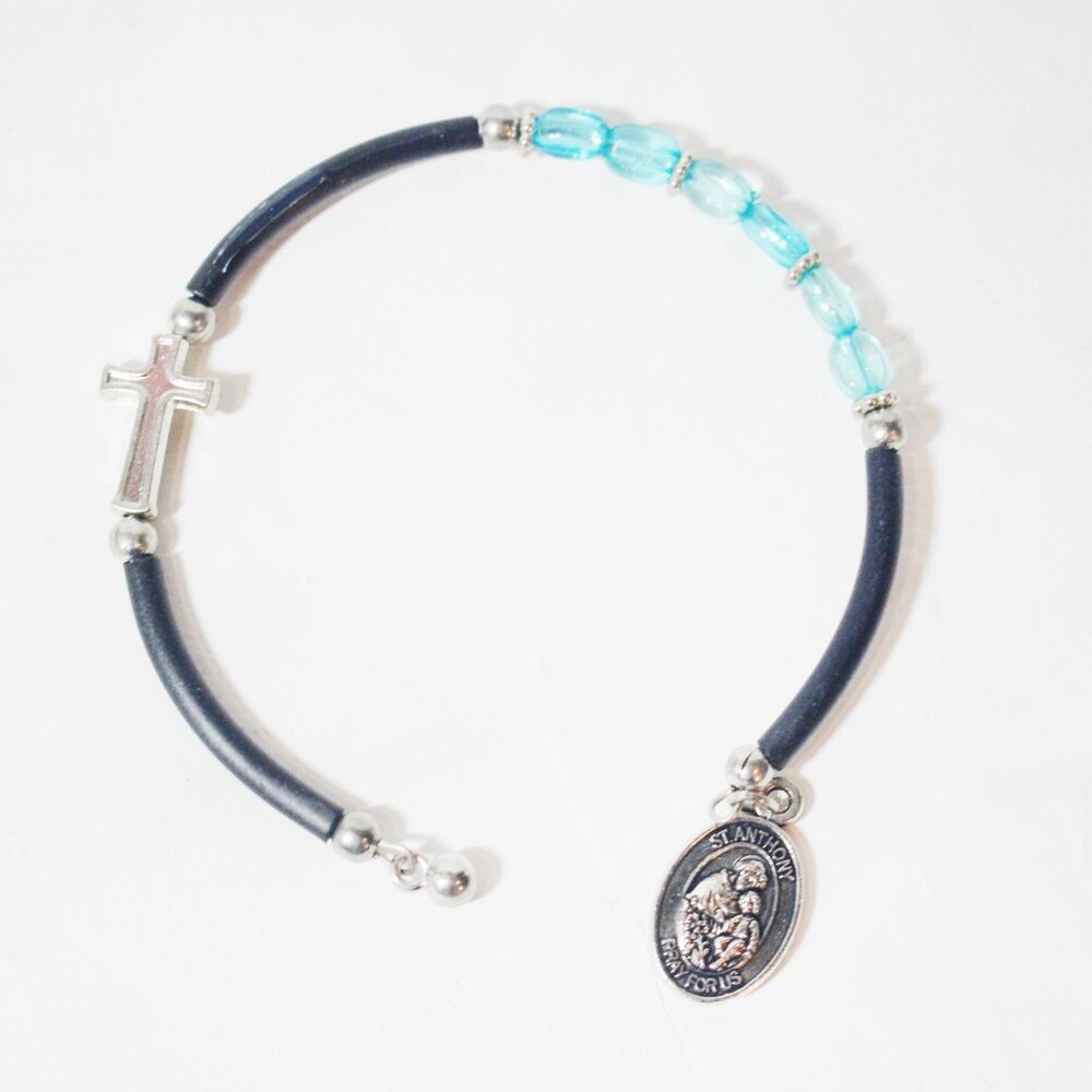 Saint Jude and St. Anthony Black & Teal Beaded Sideways Cross Bracelet New
